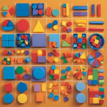 A variety of math manipulatives laid out on a table, including counting blocks, geometric shapes, and fraction pieces, illustrating hands-on learning tools.