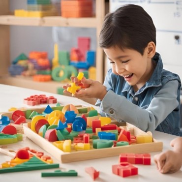  A happy child interacting with various math manipulatives, showing joy and engagement while using educational tools.