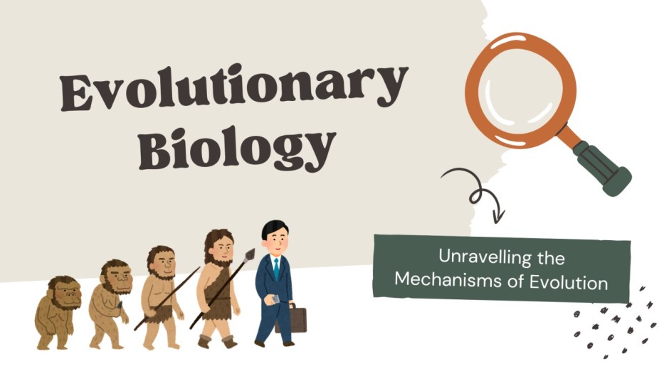 image of modern man evolved from cave man is shown on left bottom corner and text of evolutionary biology is written above it and an image of magnifying glass is shown on top right corner and below it there is a text saying unravelling mechanism of evolution.