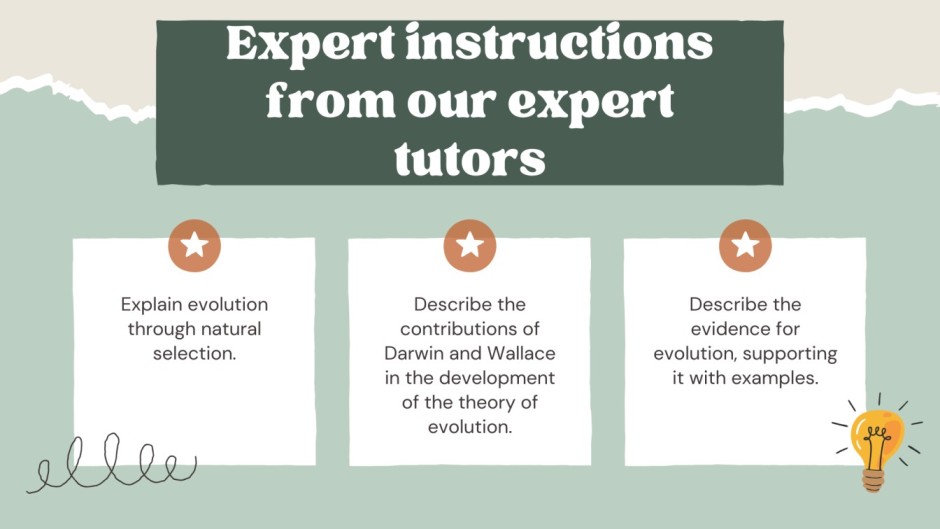 titile text of expert instruction from our expert tutors is written in center top with three square white boxes below it with one explaining what is evolution other describe darwins theory and last box supporting the ide of evolution through evidence.