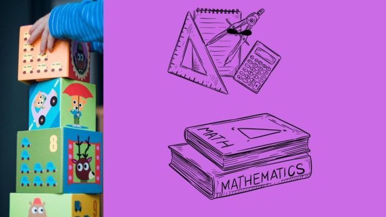 image of colorful blocks are balanced over each other and two books are drwan and laced on top of each other with some geometry tools on the top right corner on purple background