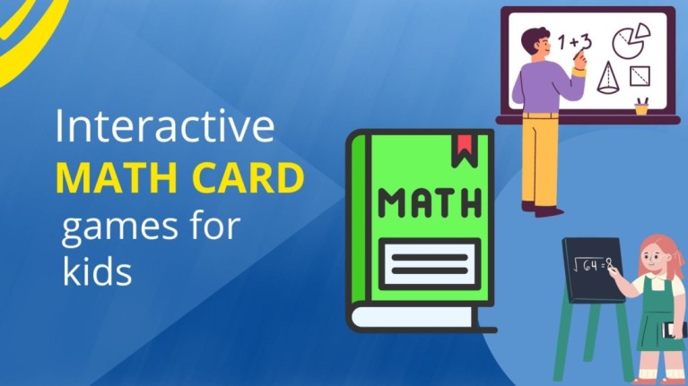 text of Interactive Math Card Games for Children is written on left with an image of book of maths in green and two random graphics of a person with white board is on right side