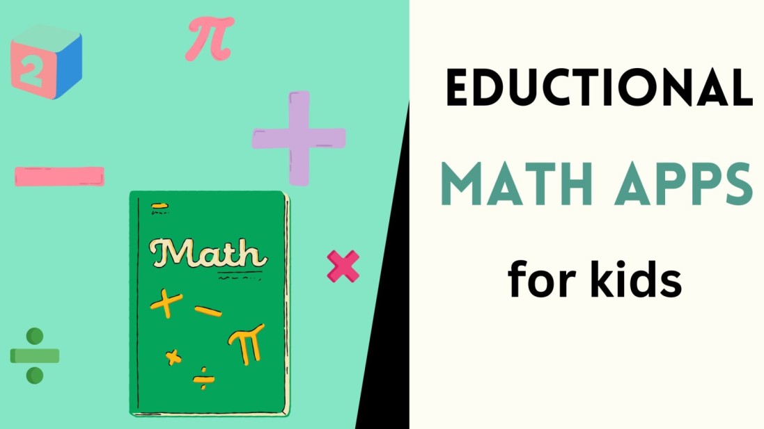 Educational Math Apps for Elementary Students is written on right side with image of maths book and some mathematical signs around it