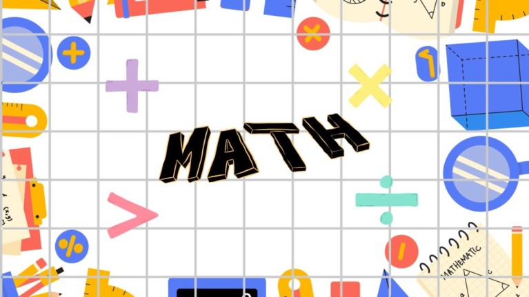 colorful maths symbols on the corner with math written in black in center