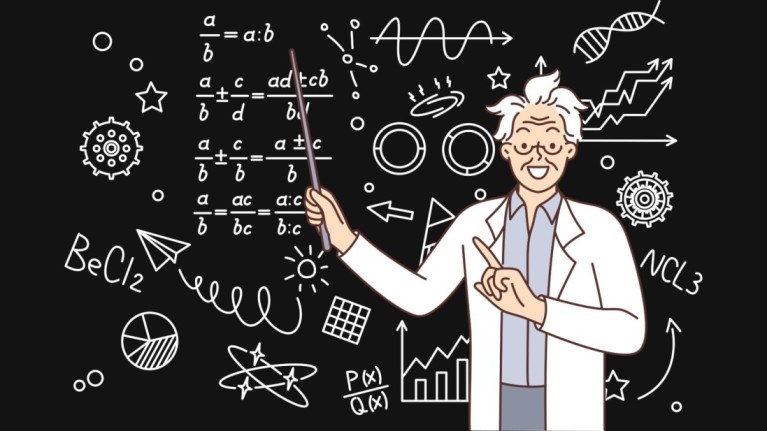 scientist points to formulas written on blackboard and teaches children from school math
