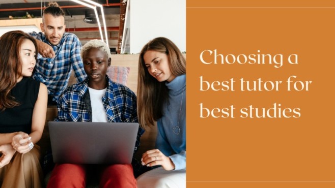 few teen age fellows are sitting on a sofa discussing something on a laptop on the left side of image and a text of choosing best tutor for best studies is written on right side on light brown background.